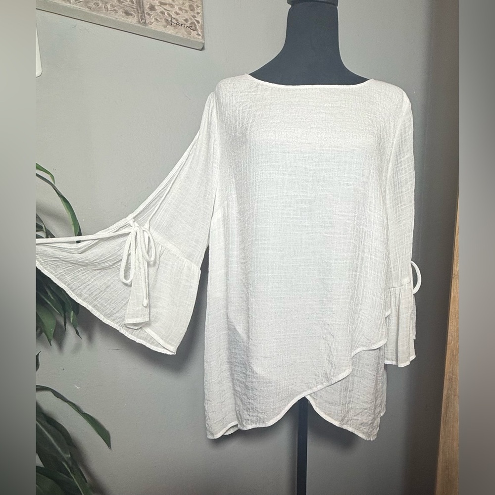 I.N. Studio Petite, Boho Tie Bell Sleeve Crinkle Gauze Top, Size XL